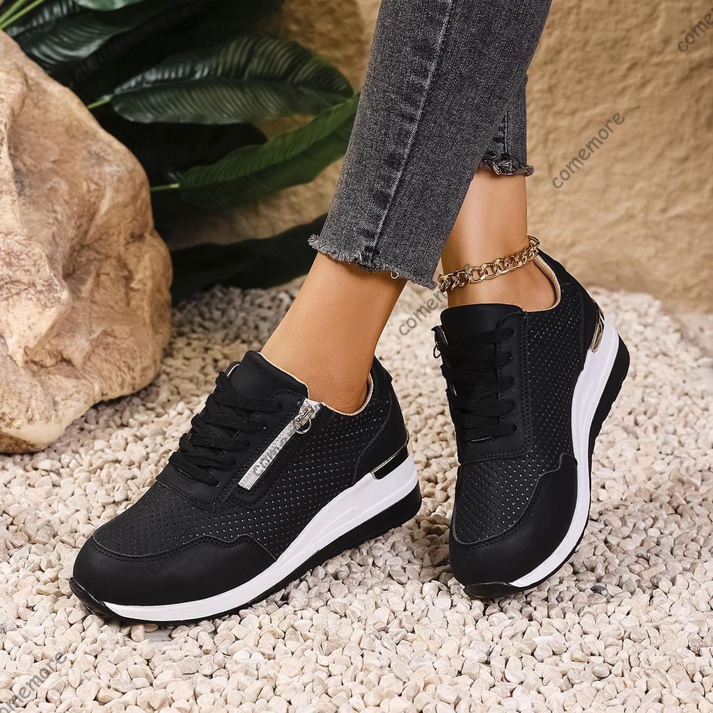 Fashion Spring Autumn Sports Casual Sneakers for Women Thick Bottom Lace-up Women's Single Shoes Large Size Wedges Middle Heel Tennis