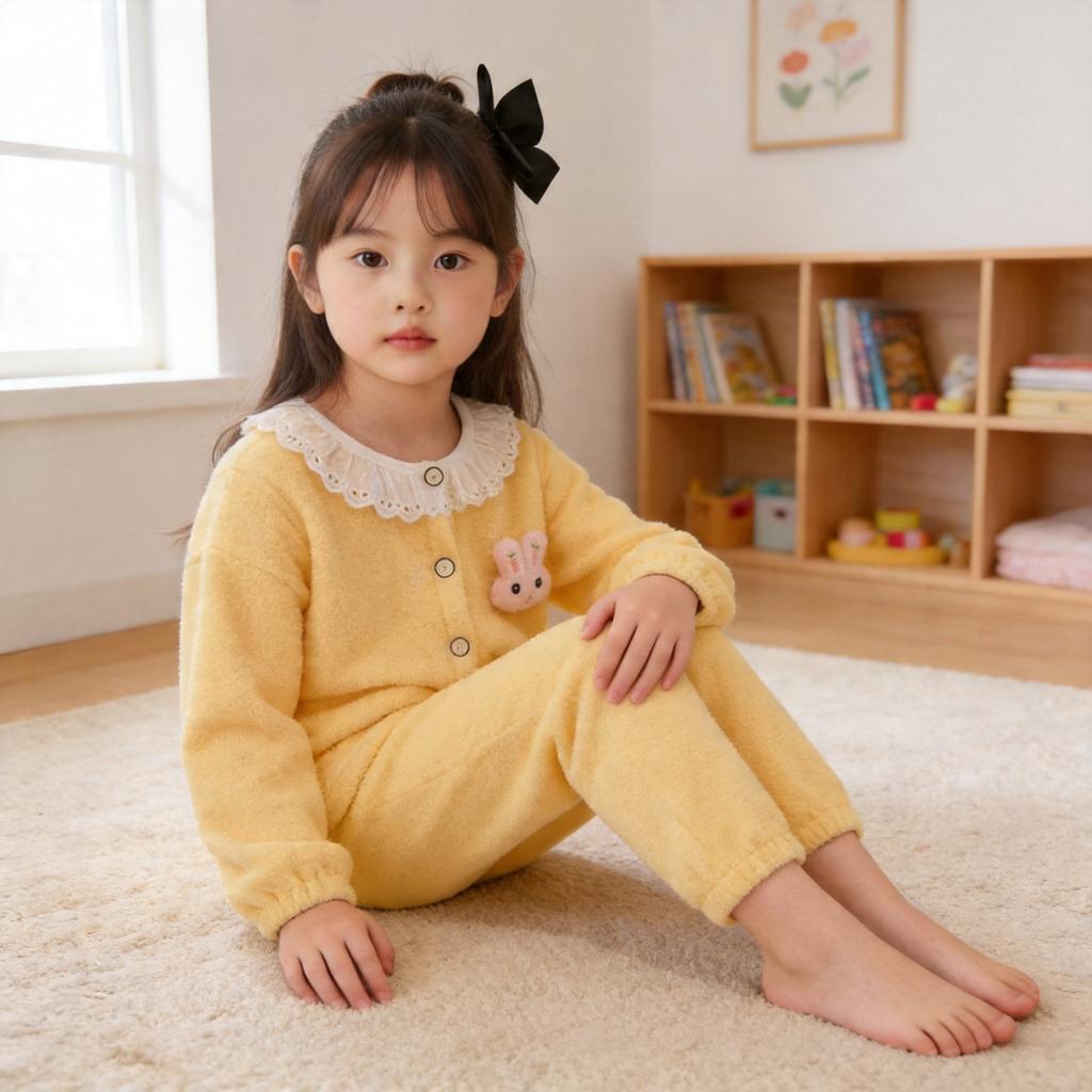[Warm Winter] Kids Lace Homewear Two-Piece Set Girls Round Neck Casual Pajamas