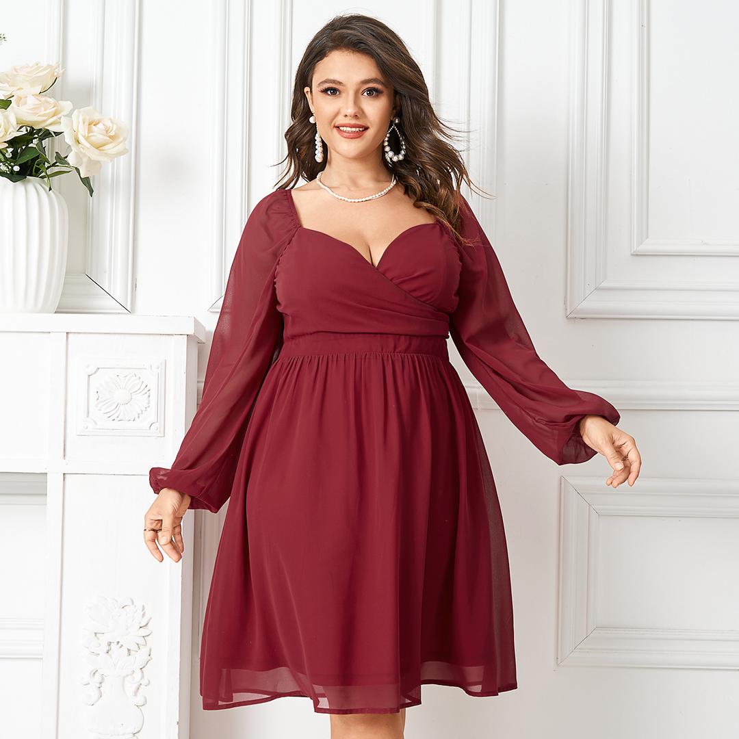 

Женское однотонное двухслойное платье миди с длинными рукавами