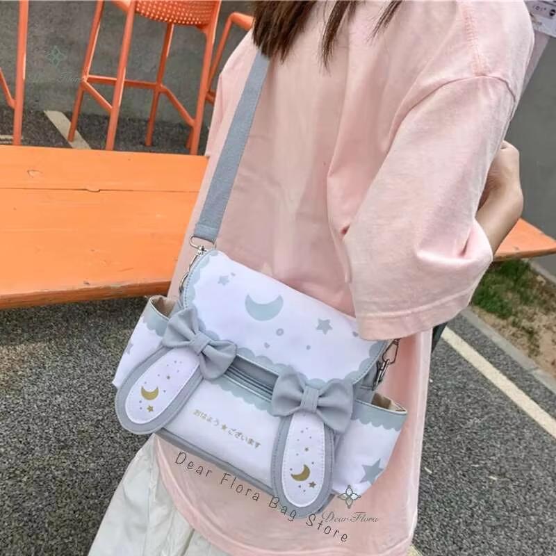 

Y2K Cute Girl Lolita Bow Rabbit Shoulder Bag Women Star Moon Canvas Crossbody Bags Korean Kawaii Satchel Bag Sweet Messenger Bag 24x19x7cm