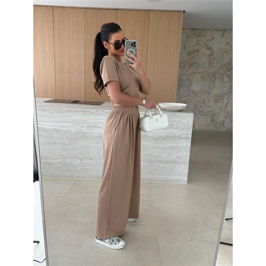 Lato Nowa Moda Casual Jednolity Kolor Garnitur T-shirt Szerokie Nogawki Spodnie Zestaw Dwuczęściowy Dla Kobiet