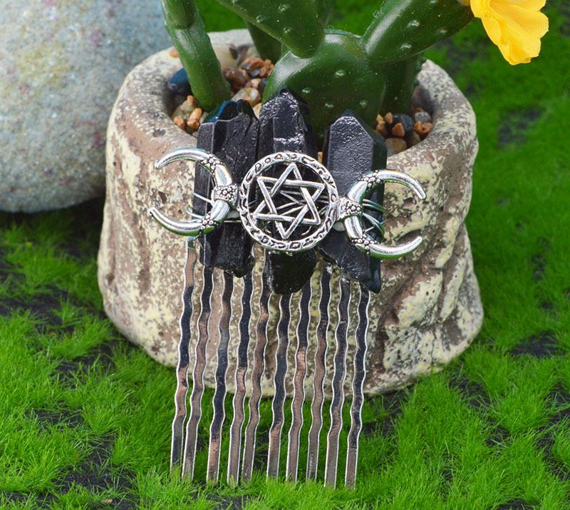 Natural Crystal Moon Hair Comb: Handmade 10-Teeth Bride Hairpin & Wiccan Headdress