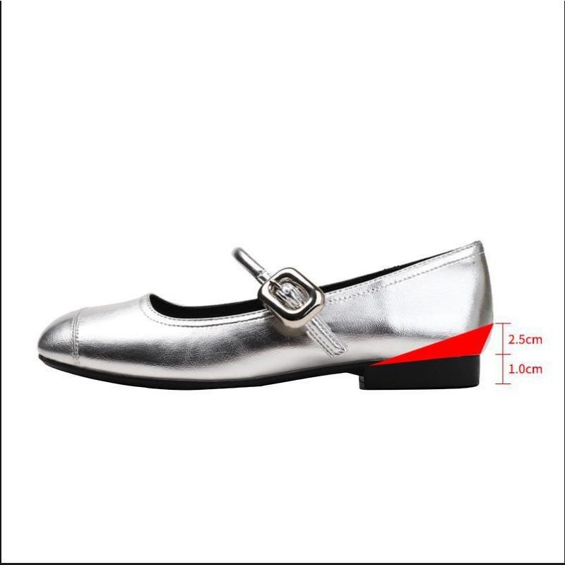 Sheepskin Inner Height Increase Single Shoes Women's Silver Shoes Genuine Leather with Skirt Evening Gentle Shoes Flat Mary Jane Shoes