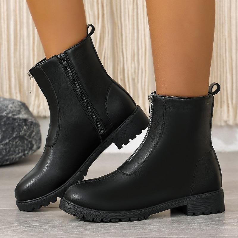 Stiefeletten Herbst und Winter Neu Runde Zehenpartie Reißverschluss Weiche Sohle Rutschfest Abriebfest Blockabsatz Damenschuhe