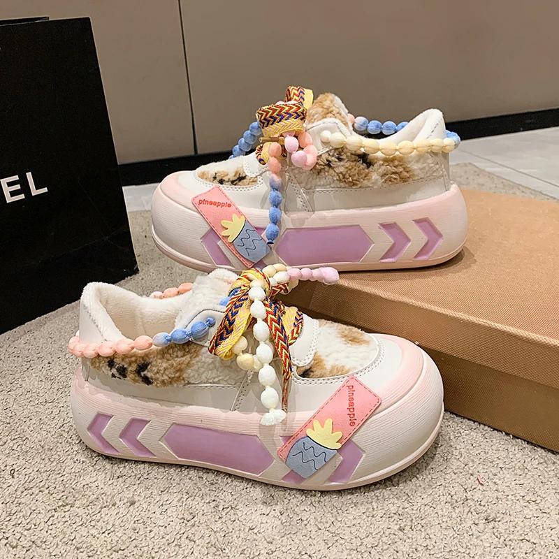 Fashion Designer Cute Kawaii Dad Shoes for Women Girls Platform Vulcanized Shoes Ladies Colorful Round Head Casual Fur Warm Shoes Winter