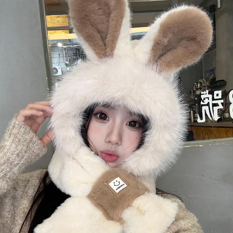 Rabbit Ears Hat Season Girl Scarf Gloves Integrated Hooded Scarf Cute Thickened Warm Plush Three-piece Set