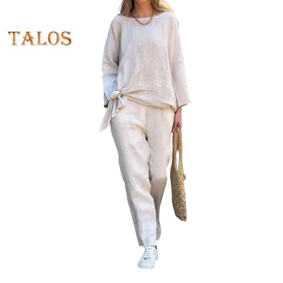 

2 шт./комплект женский топ брюки костюм однотонный цвет длинный рукав круглый вырез завязывающийся подол эластичный пояс прямые брюки спортивный фитнес наряд осень M белый