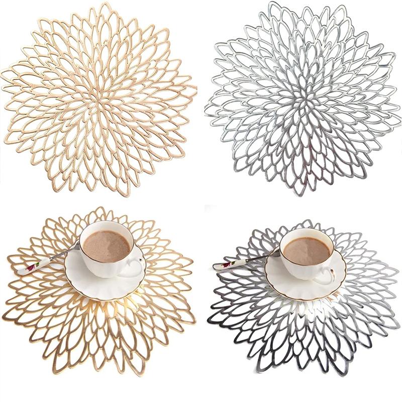 PVC Hibiscus Flower Placemat for Dining Table Hollow Pad Coaster Pads Table Bowl Mats Gold Dining Table Mat Non-slip Insulation