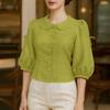 ZANZEA Women Casual Doll Collar Solid Color 3/4 Sleeve Loose Blouse