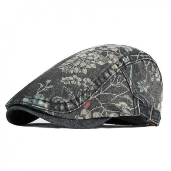 Retro Lady Denim Newsboy Cap Floral Print Beret Flat Hat Ethnic Cabbie Baker Boy