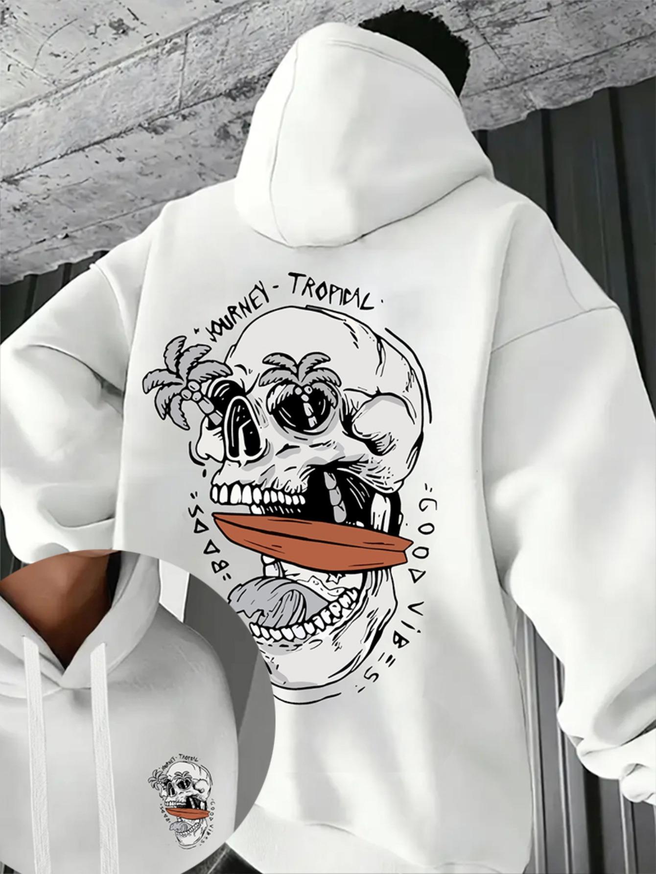 

Men s Hoodie - White Pullover Sweatshirt with Front & Back Tropical Skull Design, Machine Washable Hoodie for Fall/Winter 3XL