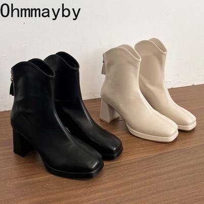 Winter Street Style Square Toe Women Ankle Boots Thick High Heels Shoes Female Mordern Short Booties De Muje