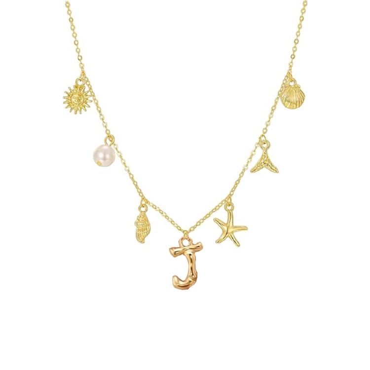 Ocean Theme Gold Charm Necklace with Initial Shells Letter Pendant Suitable for Surfer Girls and Beach Enthusiasts
