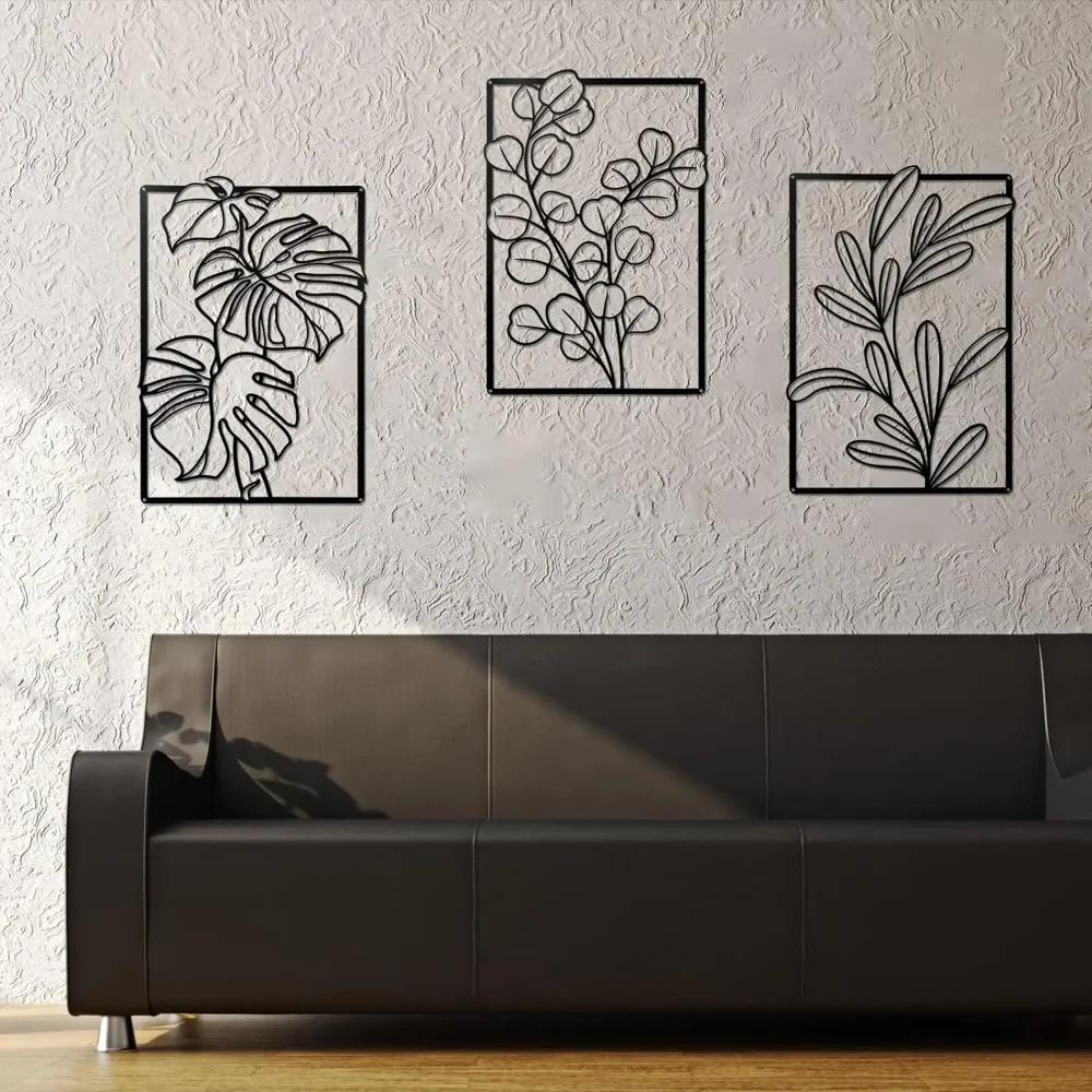 3Pcs Gorgeous Gold & Black Metal Wall Decor: Large Minimalist Modern Boho Art. Abstract Flower & Leaf for Bedroom & Living Room.