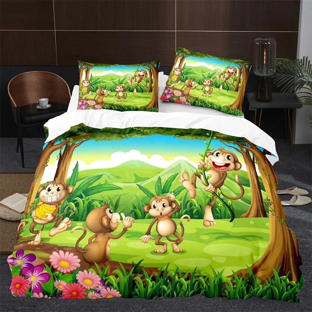 Affe Bettbezug King Queen Lieblich Cartoon Tier Bettwäsche Set für Kinder Junge Mädchen Grün Dschungel Baum 2/3tlg. Polyester Steppdeckenbezug