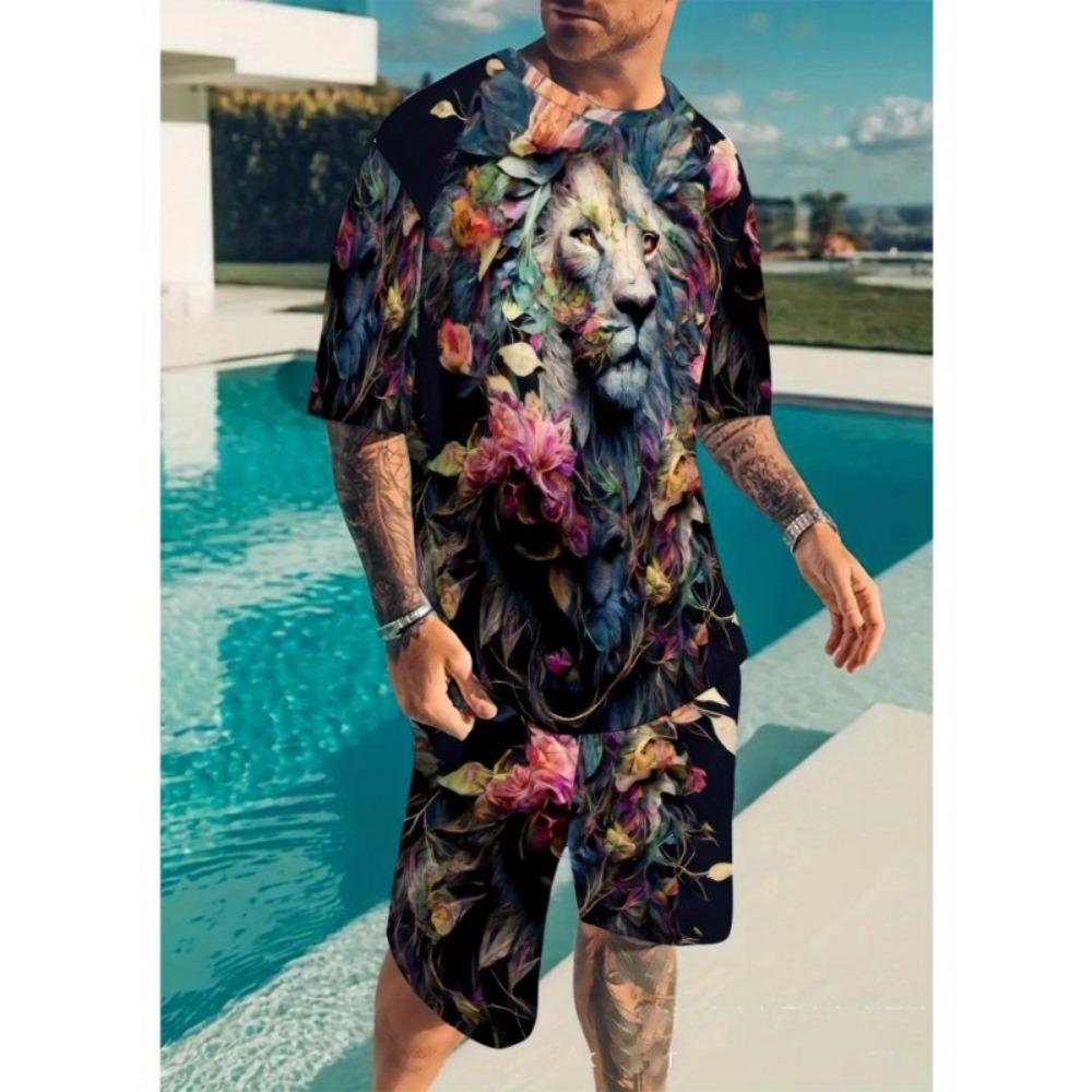 Fashionable and Comfortable Lion Print Short Sleeve T-Shirt and Shorts Set, Loose Summer Men's Two-Piece Outfit