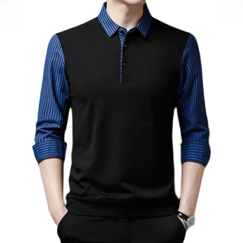 Pánská business košile s plyšovým límečkem, falešný dvoudílný střih s pruhovaným spodním dílem, ideální pro muže středního a mladšího věku.