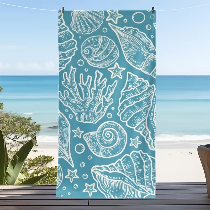 Watercolor Seashell Beach Towel Boho Vintage Ocean Shell Seaweed Print Towel Quick Dry Sandproof Absorbent Beach Blanket