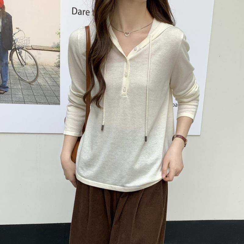 Hooded drawstring design knitted sweater women's autumn new pullover long sleeve simple wind sweater