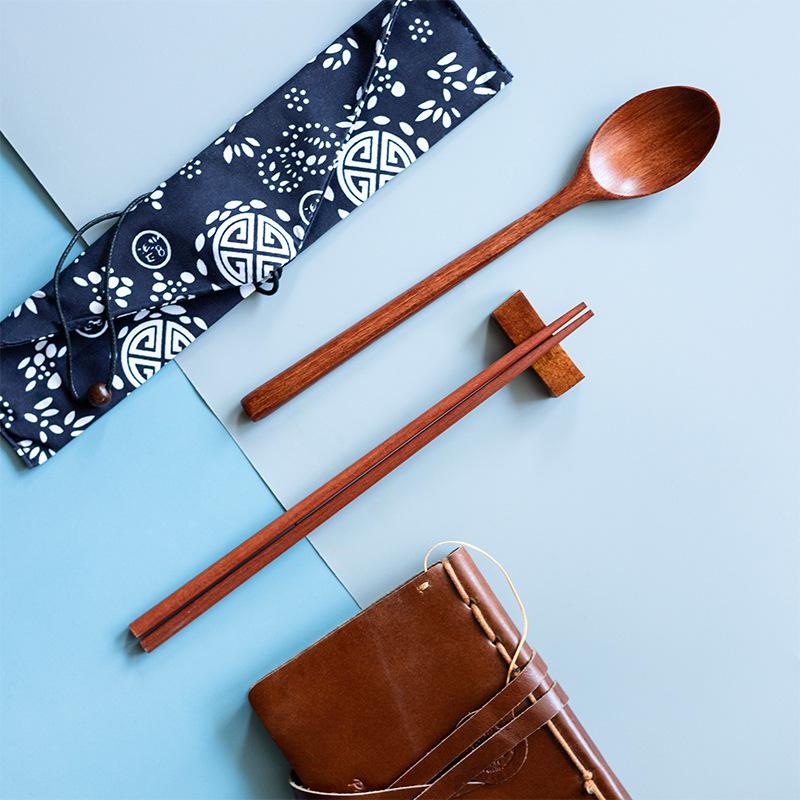 Japanese Style Cotton Linen Utensil Bag with Wooden Spoon and Chopstick Set