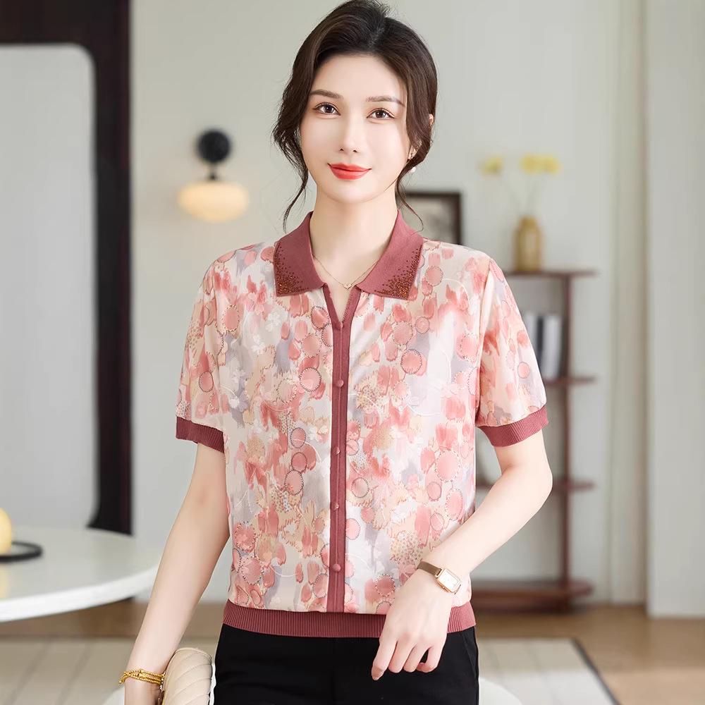 Mom's Ice Silk Short-Sleeve Blouse | Stylish Summer Knit T-shirt for Middle-Aged & Elderly Women