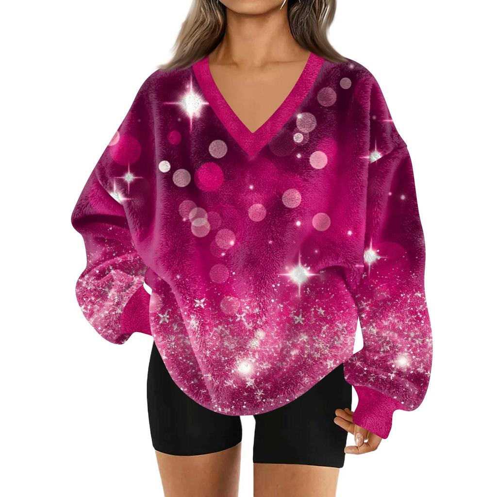 Women's Fashionable V-neck Christmas Printed Long Sleeved Casual Pullover Plush Warm Pocket Sweatshirt Top