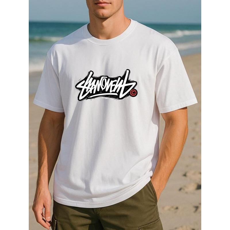 

European sizes Doodle-style Logo Street Cool Print T-shirt | Highly Versatile for Fitness Training, Casual Short-sleeved, Men S Clothing, Crew Neck 4XL білий