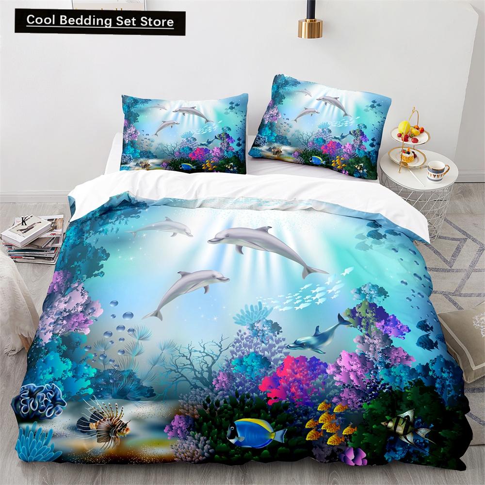 Delfin Bettbezug King Queen Größe Liebliches Meeresleben Bettwäscheset für Kinder Jungen Mädchen Niedliches Ozeantier 2/3-teilig Polyester Steppdeckenbezug