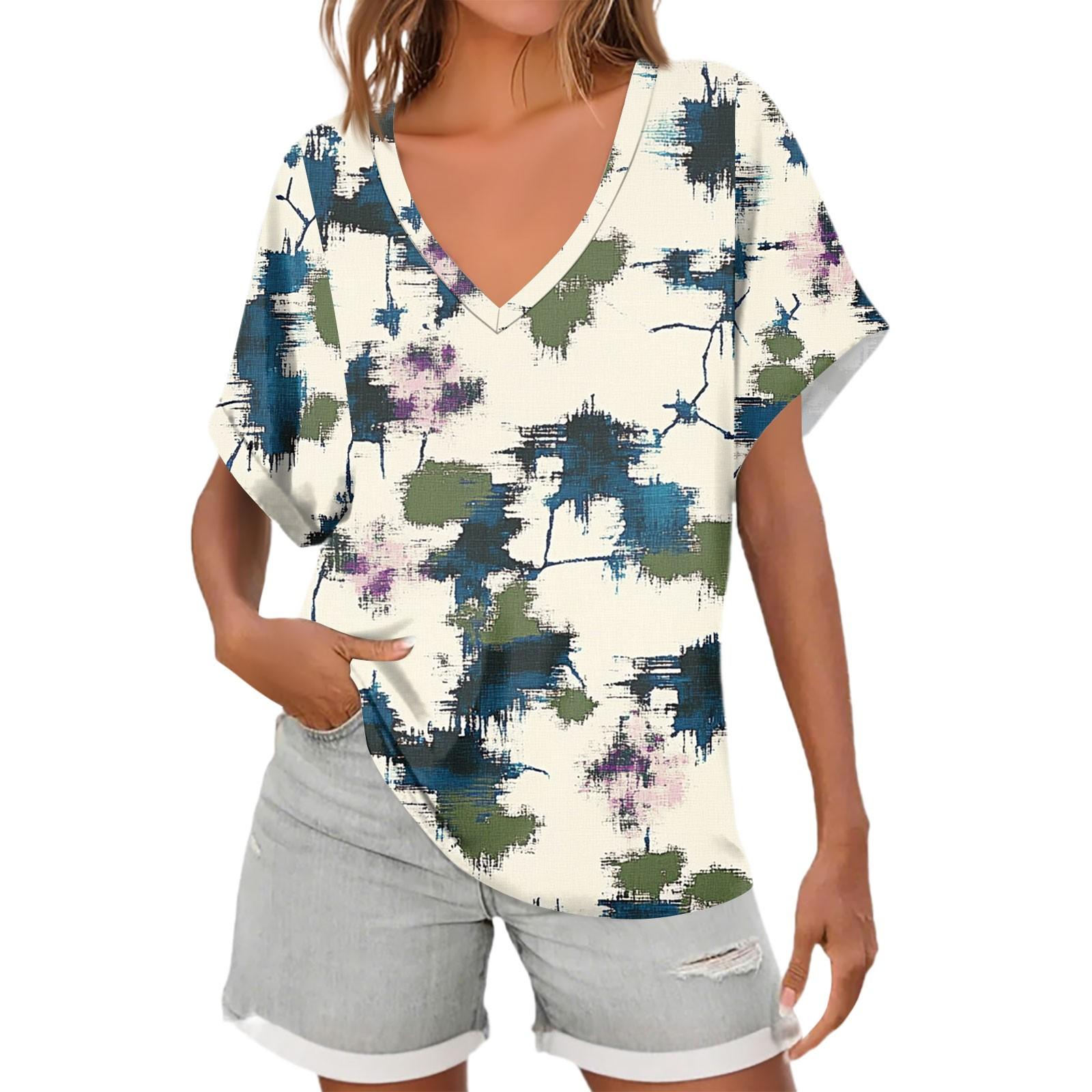 

Женские рубашки с коротким рукавом и V-образным вырезом, с цветочным принтом, свободные повседневные футболки, летние топы XL синий