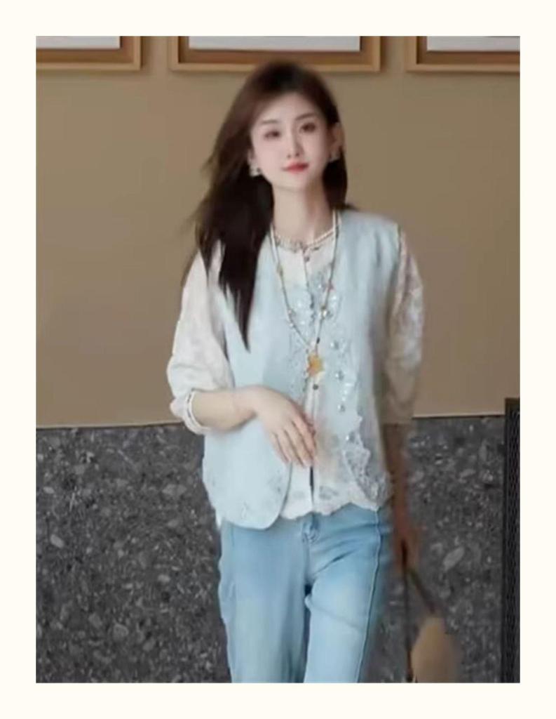 Spring 2025 French New Chinese Style Lace Embroidery Satin Vest and Shirt Set