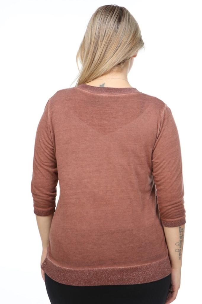 Damen Übergröße Bluse Orange Rundhalsausschnitt Ärmel Glitzer-Details Ölwasch-Bluse