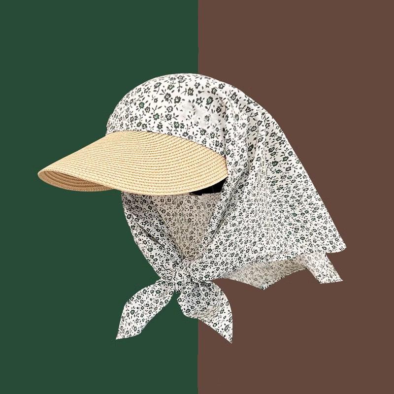 Women's UV Protection Straw Hat with Integrated Headscarf & Neck Cover for Outdoor Cycling & Travel