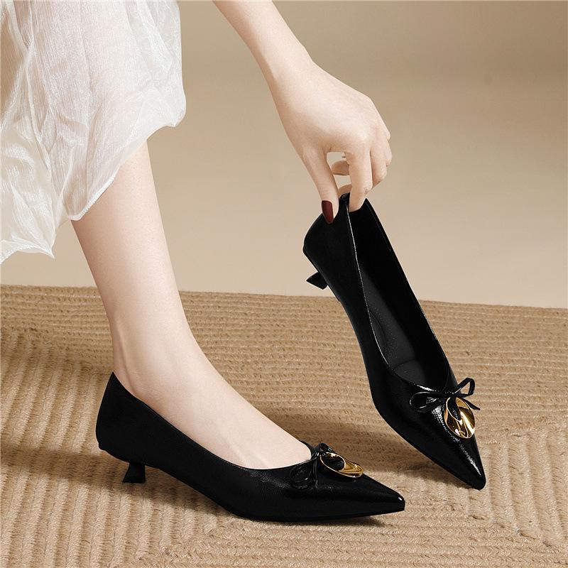 Black Stiletto High Heels Medium Heel Temperament Pointed Single Shoes Women's Niche Bow Exquisite French Women's Shoes