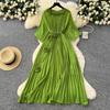 Spring Autumn Woman Dress New Flower Round Ne Seven-Quarter Sleeve Waist-Cinching Pleated Dresses for  Women Slimming Gown