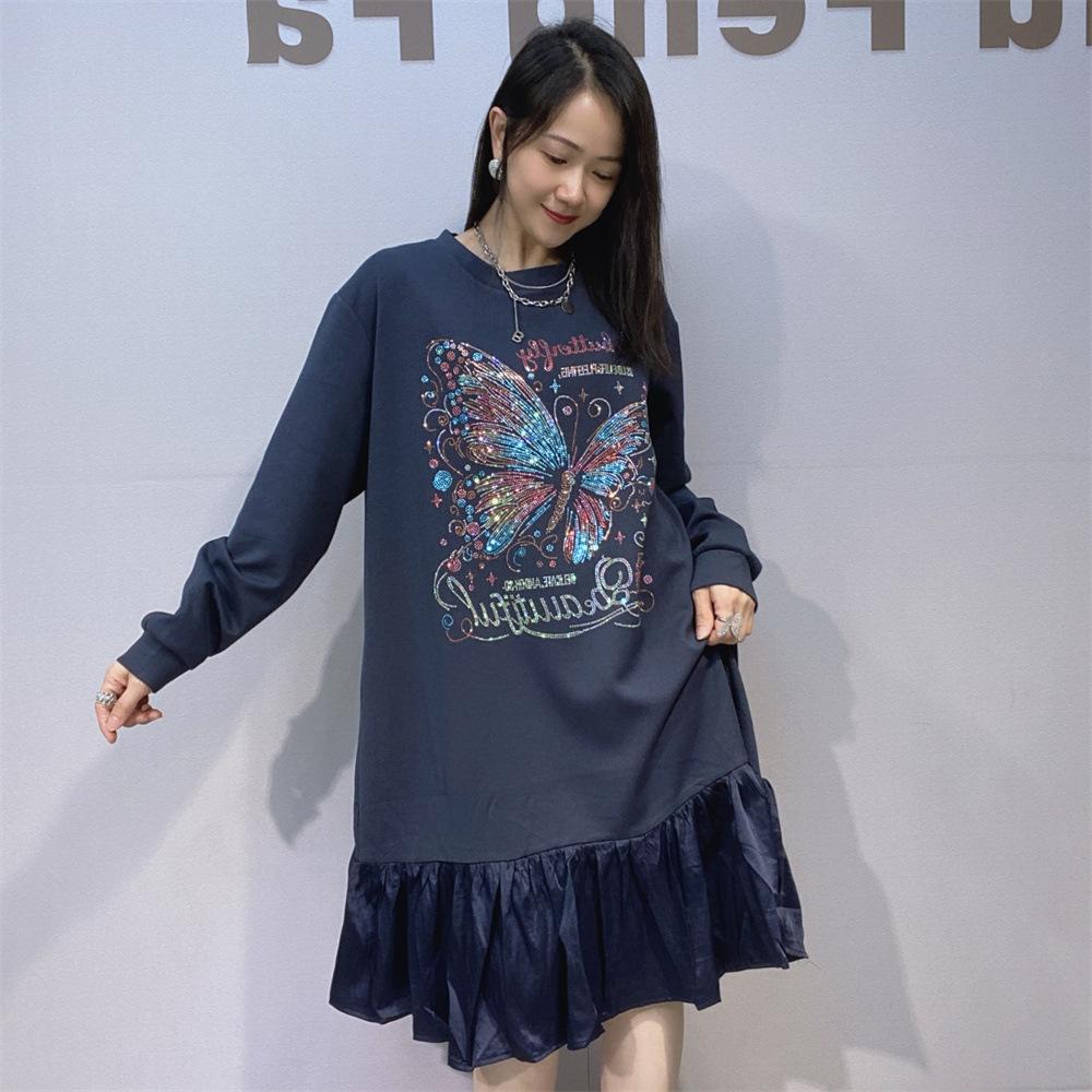 

Осенне-зимнее платье большого размера с круглым вырезом и цветными блоками, женское платье с горячими бриллиантами, платье с длинными рукавами one size синий