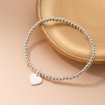 Fashion Genuine 925 Sterling Silver Minimalist Heart 3mm Beads Elastic Bracelet For Women Wedding Jewelry Gift DB1179
