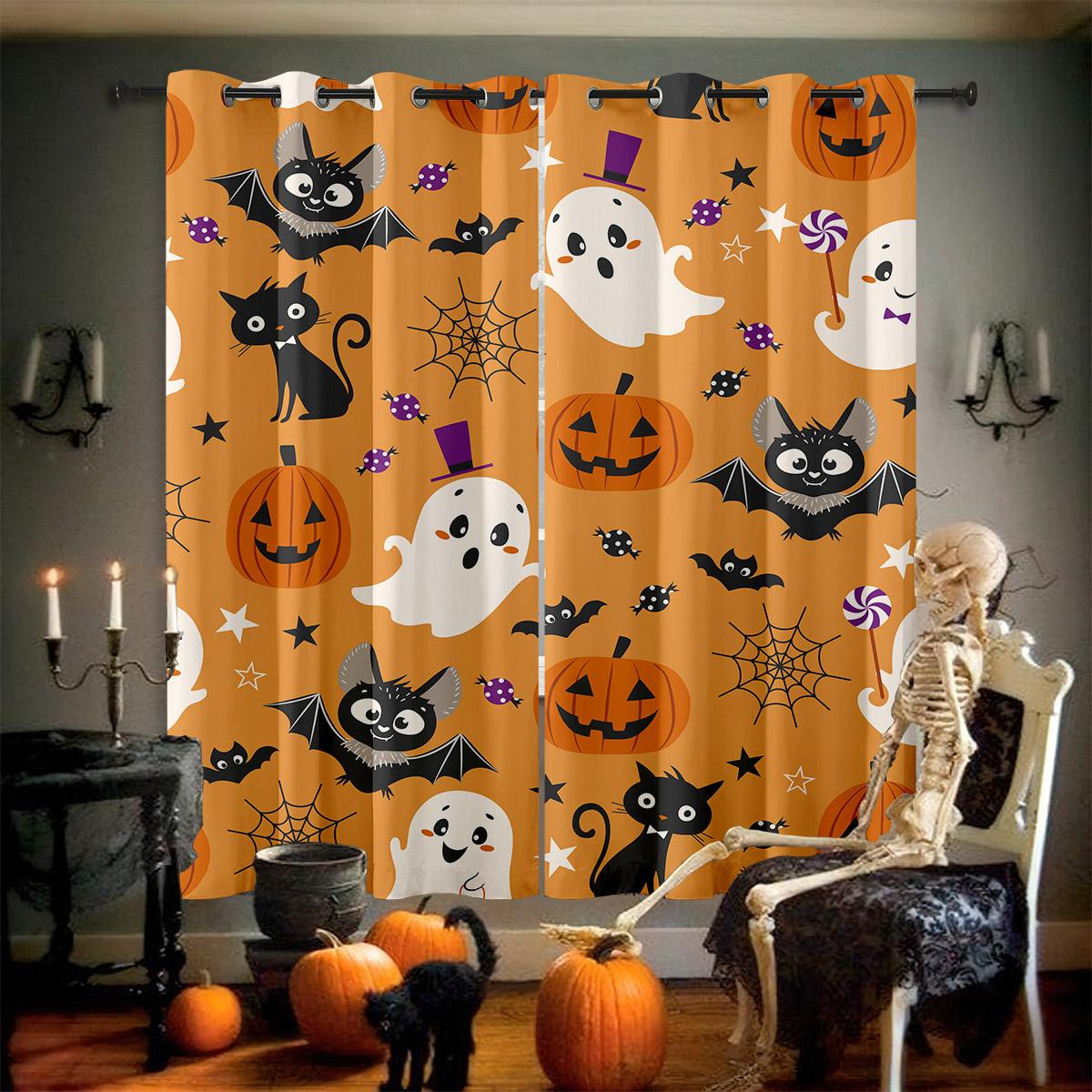 

Декоративные шторы на Хэллоуин, ужасная тыква, летучая мышь, готический мультяшный принт, шторы для детей, детская комната, гостиная, украшение для вечеринки W50xH140(CM)x2PCS&Grommet Top