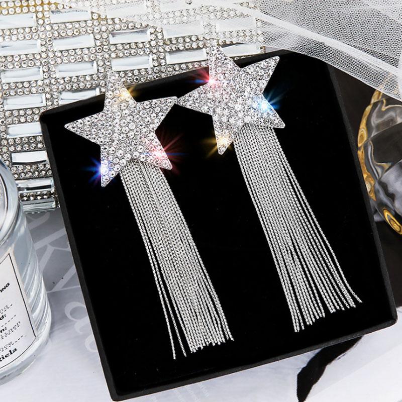 Fashion Brand Design Spicy Europe Advanced Sense Earring Rhinestone Pentagram Star Chain Tassel Earrings Hyperbole Long Pendient