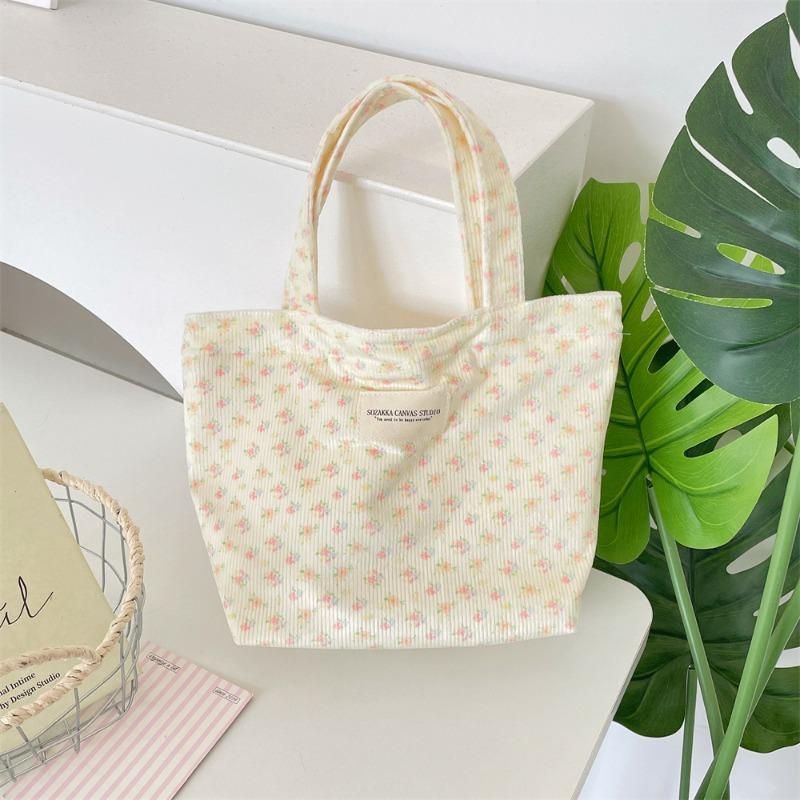 Corduroy Floral Handbag, Simple Tote Bag for Work, Lunch Bento Bag, Shopping Bag