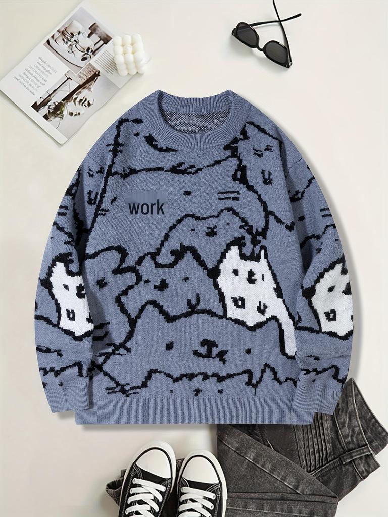 Men's Cute Cat Print Knit Pullover - Stylish Fall/Winter Round Neck Sweater