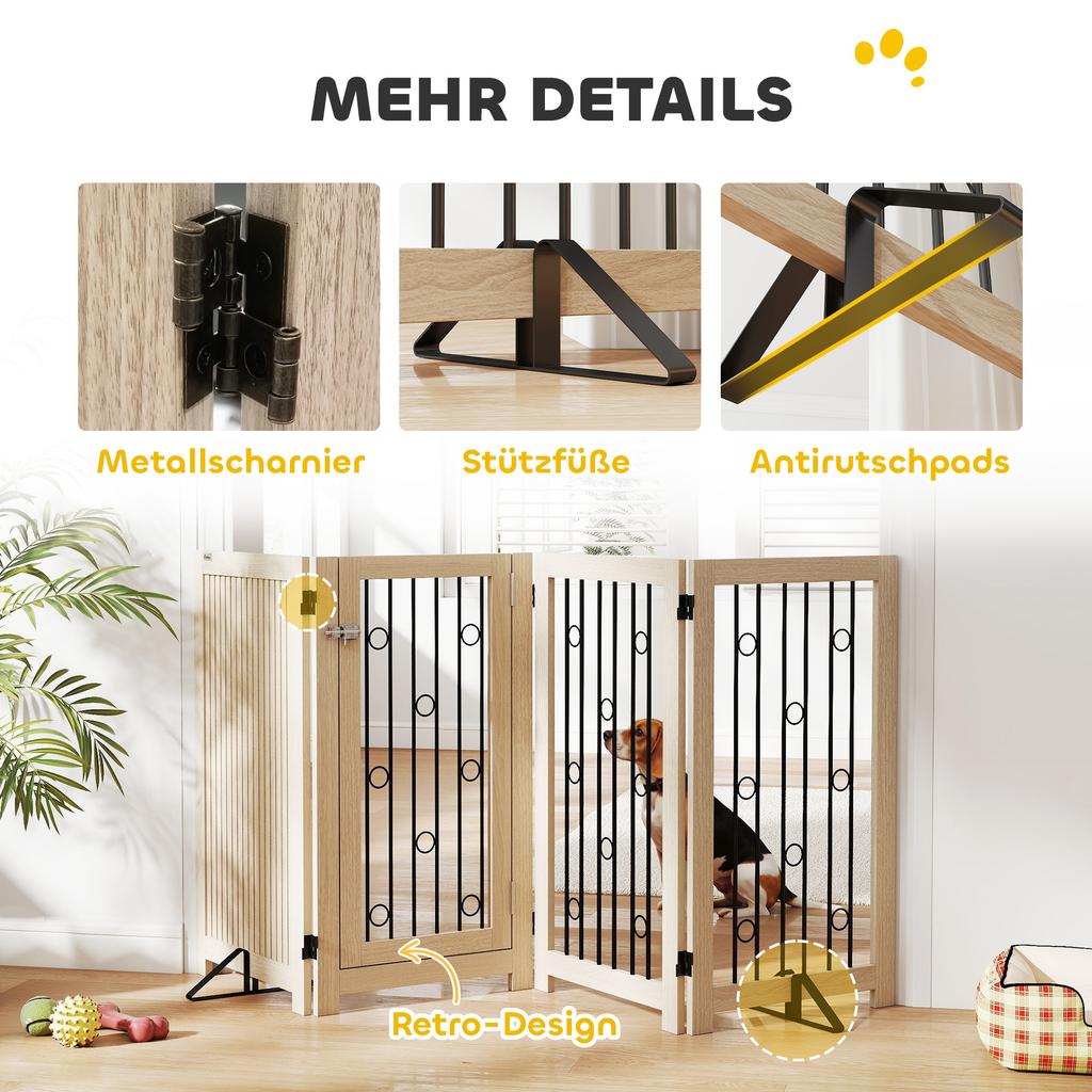 4 Panel Freestanding Pet Gate, Indoor Dog Barrier with Lockable Door, Support Feet, 360 Degrees Flexible Hinges, Oak