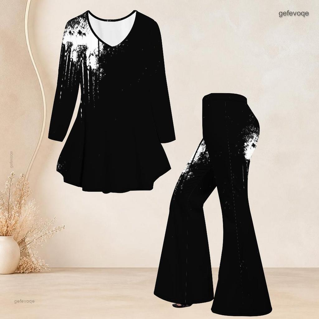 Women Plus Size Printed Two Piece Set Round Neck Three Quarter Sleeve Flared Top Flared Pants