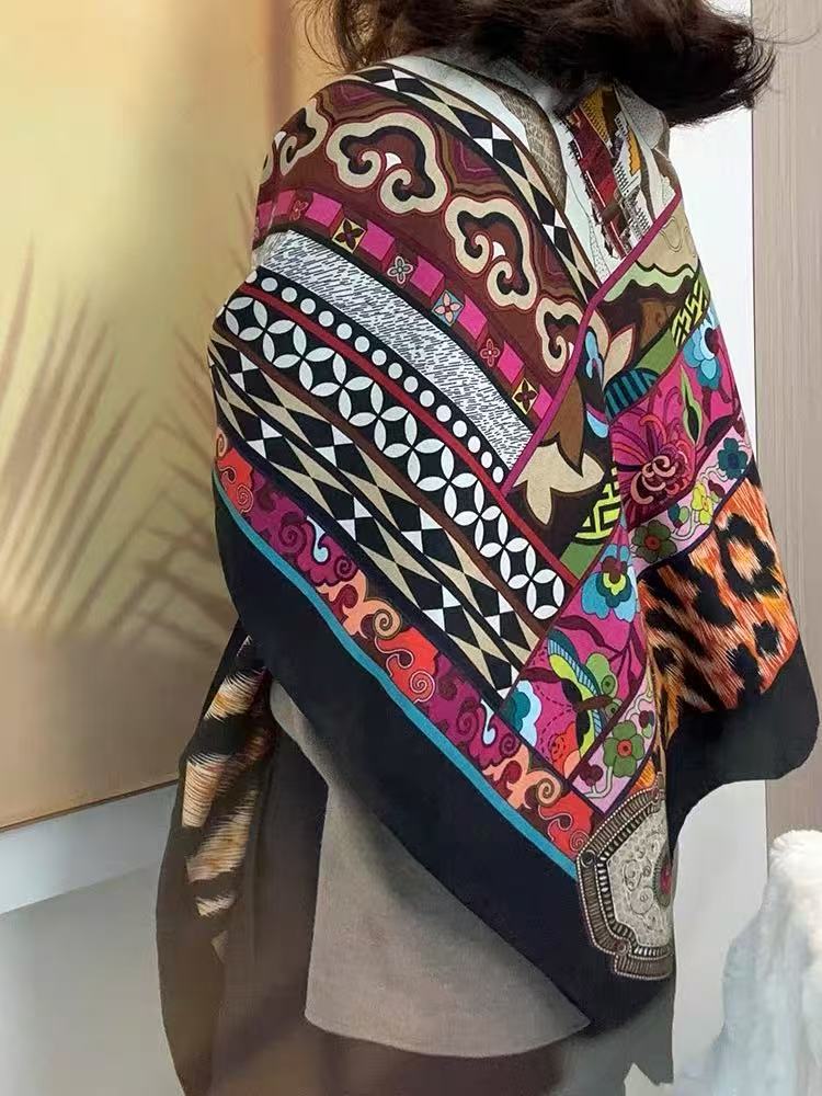 oversized beige flower travel sunscreen sunshade cotton and linen scarf women's silk scarf 111cm large square scarf shawl dual-purpose
