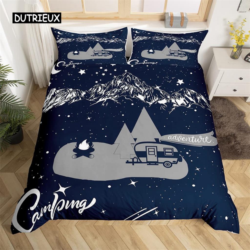 Camping Duvet Cover Microfiber Galaxy Stars Moon Happy Camping Comforter Cover Camper Truck Geometry Mountain Trees Bedding Set
