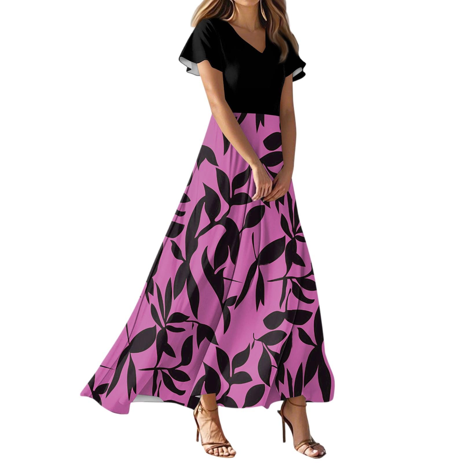 Women s Summer Casual Fashion Floral Print Dress V Neck Short Sleeve Dress M