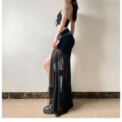 Gonna Nera Sexy a Rete con Spacco Moda Donna Spacco Alto Sottile Lunga