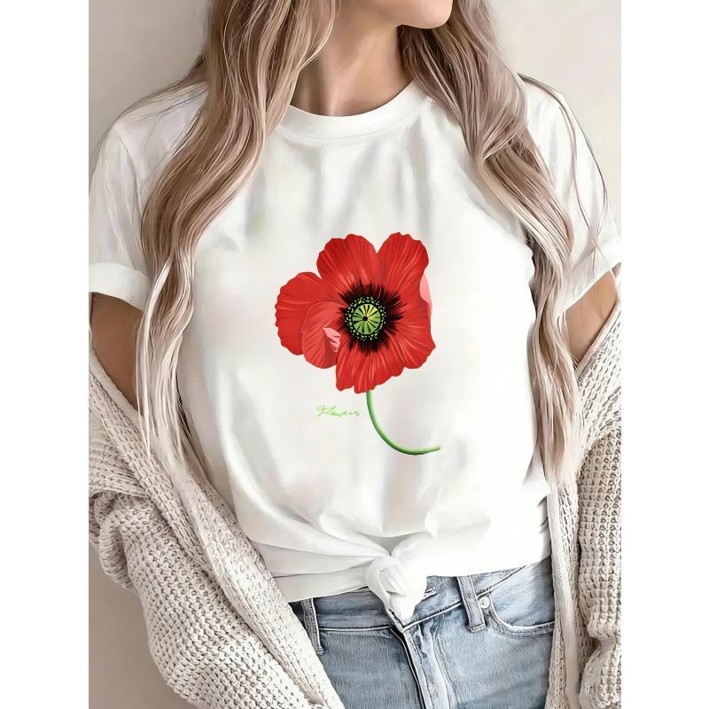 Women Casual T-Shirt White Poppy Flower Print With Green Stem And Signature For Daily Wear And Spring Outfits