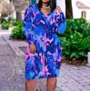 Women Plus Size V Neck Long Sleeve Floral Printed Red Pink Fitted Dress