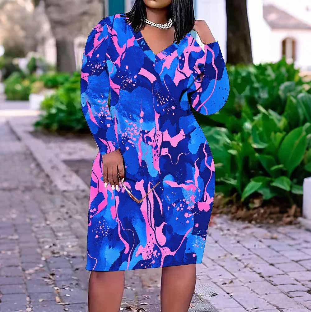 Women Plus Size V Neck Long Sleeve Floral Printed Red Pink Fitted Dress