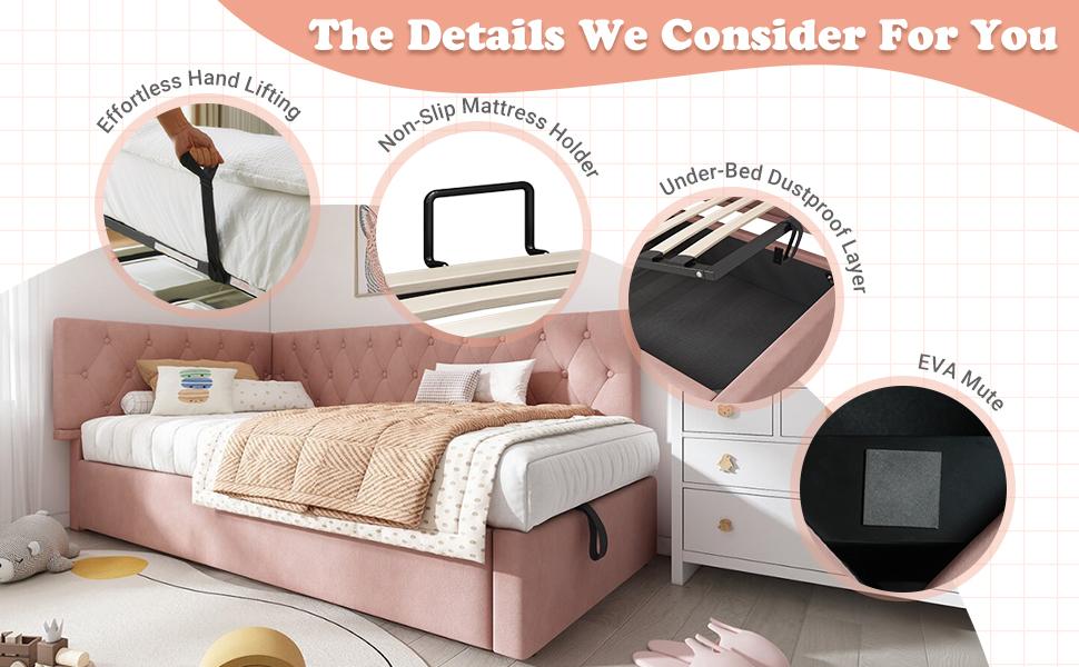 Upholstered Bed Day Bed 90x190cm, Sofa Bed with Hydraulic Storage, Children's Youth Bed Frame with Wooden Slatted Base, Velvet, Pink, without Mattress